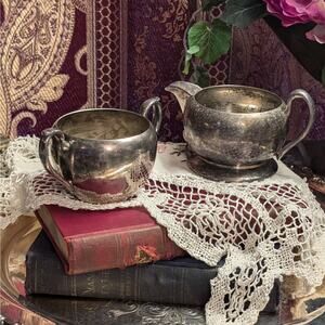 Vintage Academy Silver on Copper Creamer Pitcher & Sugar Bowl Set Heavy Patina